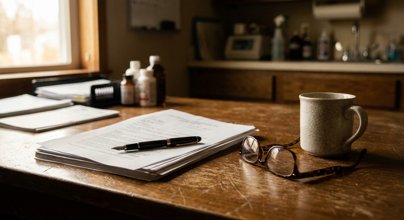 Veterinarian in scrubs sitting at a cluttered practice desk reading a printed offer document, looking down at the pages, calm and focused, natural window light
