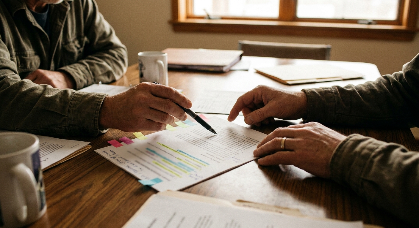 A veterinarian reviews a written partnership term sheet at a practice desk, natural light, off-camera gaze, papers visible