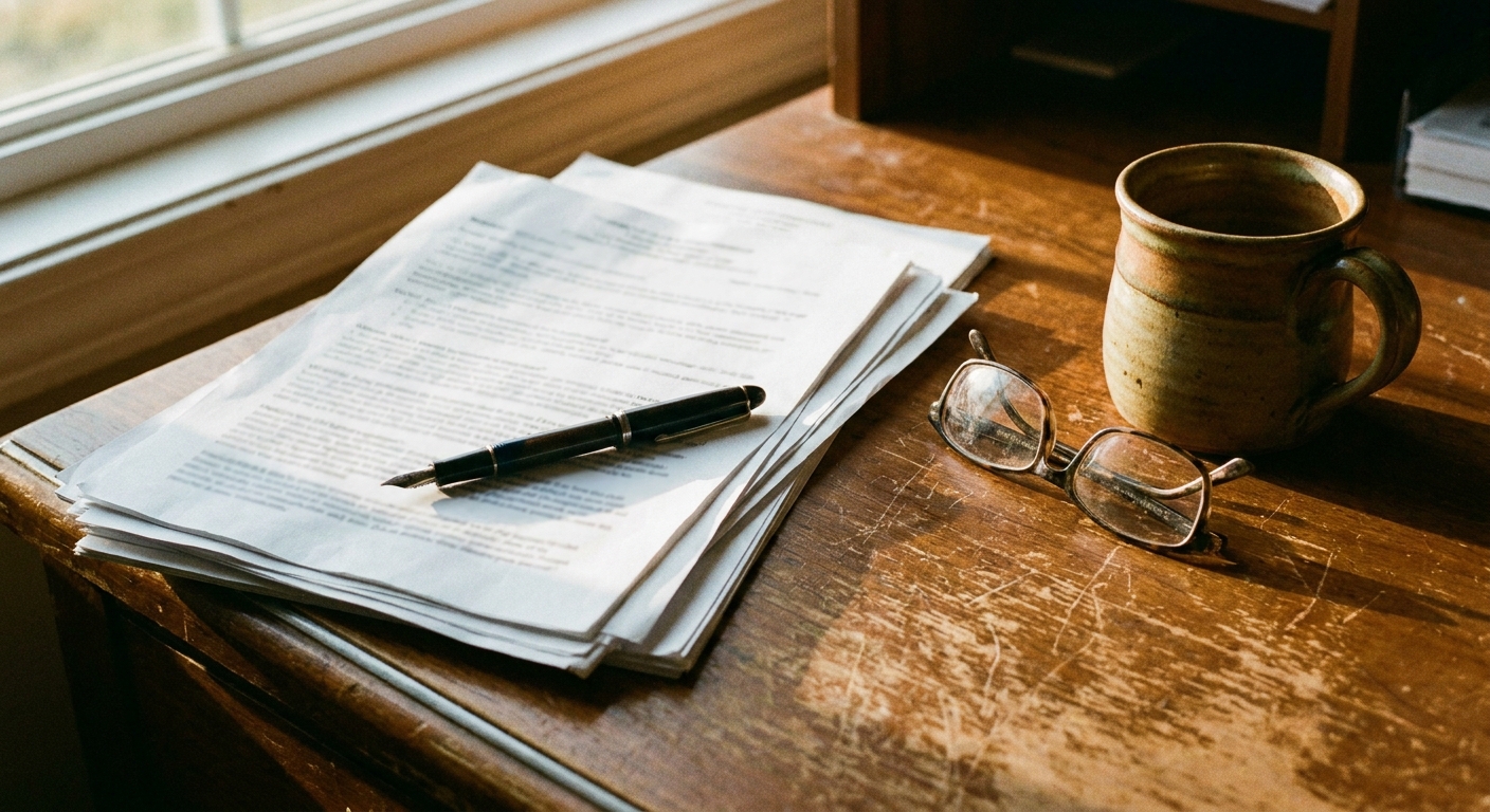 A veterinarian and a co-founder seated at a table reviewing deal terms on printed documents, candid shot, warm light, clinic art on wall