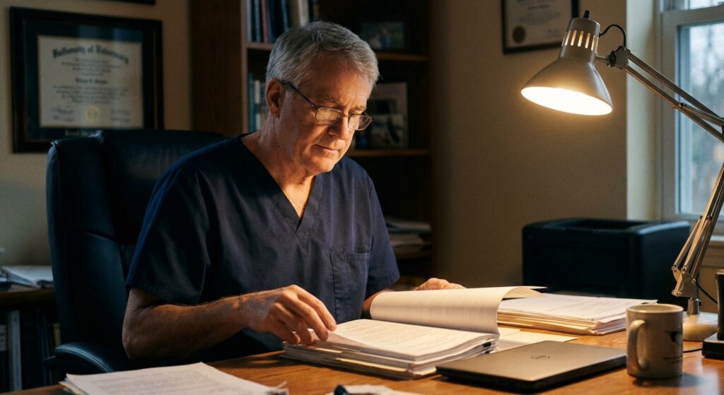 Veterinarian reviewing an acquisition offer for their practice