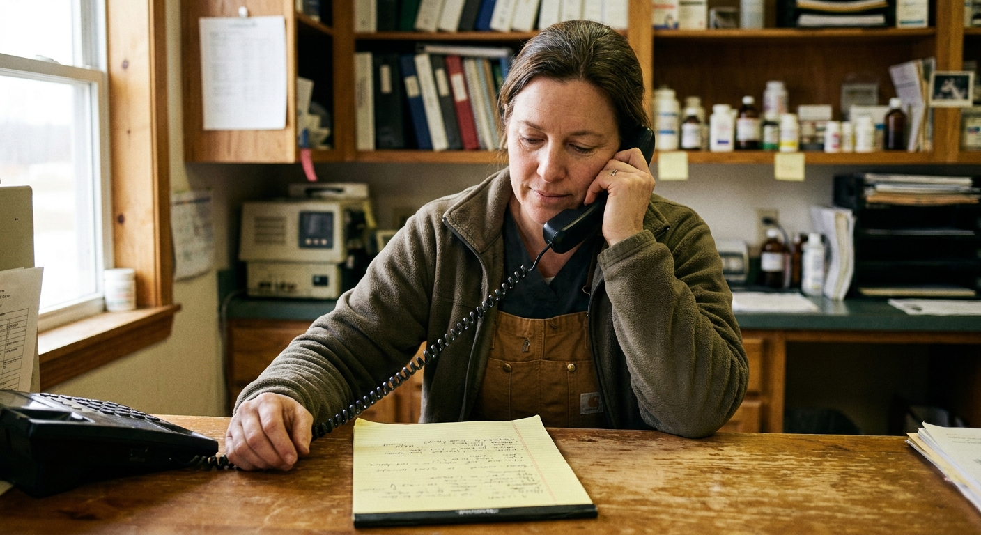 A veterinarian reviewing a written offer document at a desk, looking down at the page, focused, not posed — papers spread out, pen in hand, warm ambient light