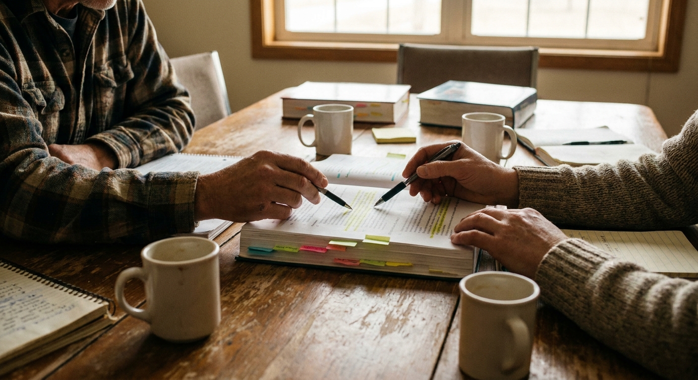 A veterinarian and a sell-side advisor reviewing documents together, seated at a table, looking down at a term sheet, calm focused expressions, warm light, candid not posed