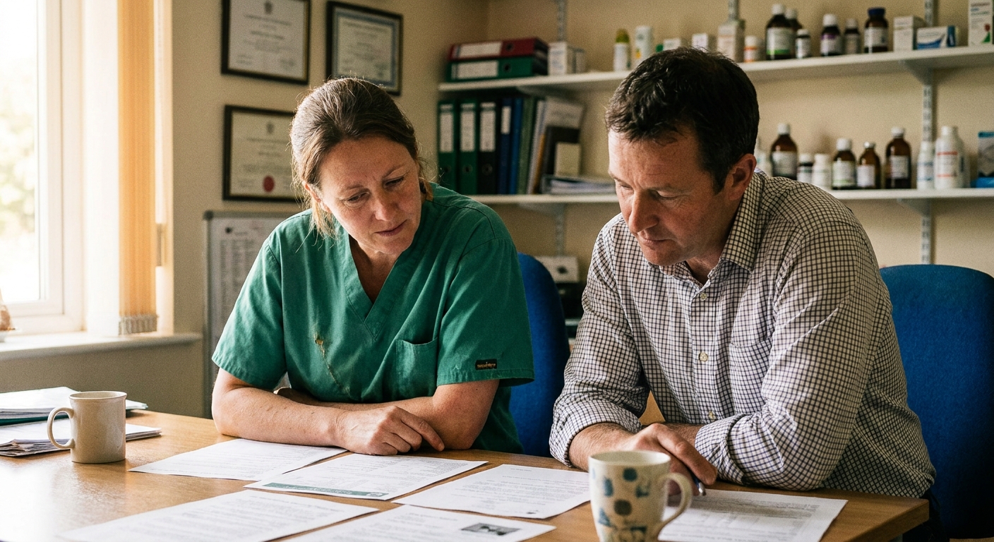 A veterinarian reviewing a written offer document at a practice desk, looking down at papers, candid scene with warm natural light