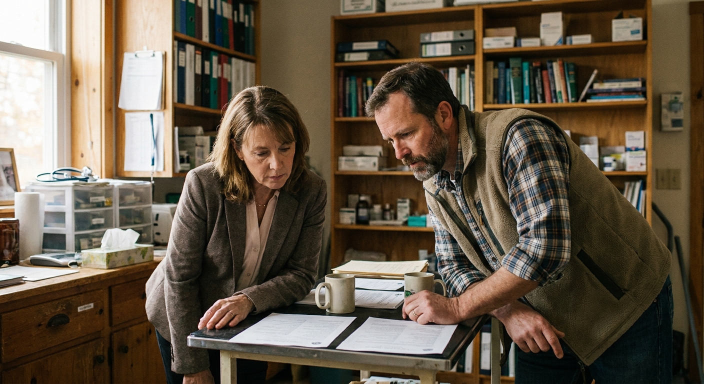 A veterinarian and a sell-side advisor reviewing deal terms together at a table, papers spread out, candid natural light, focused expressions
