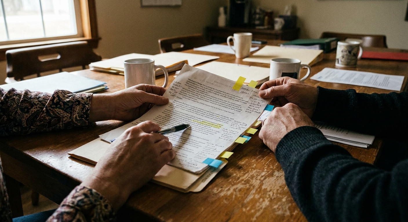 A veterinarian reviewing a written offer from a buyer, seated at a practice office desk, looking down at the document in natural light — not posed, not staged