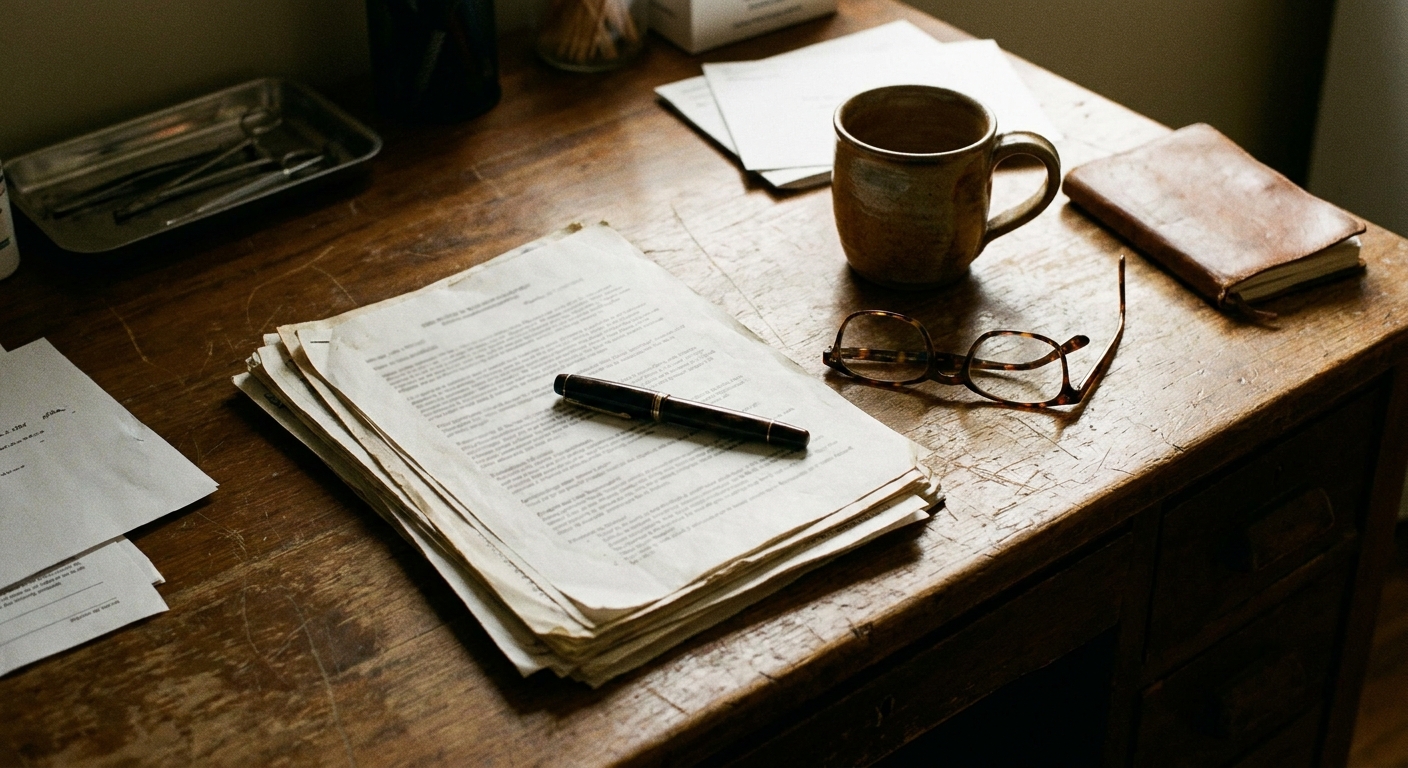 A veterinarian and a sell-side advisor reviewing printed offer terms together at a table, looking down at documents, natural ambient light, unposed
