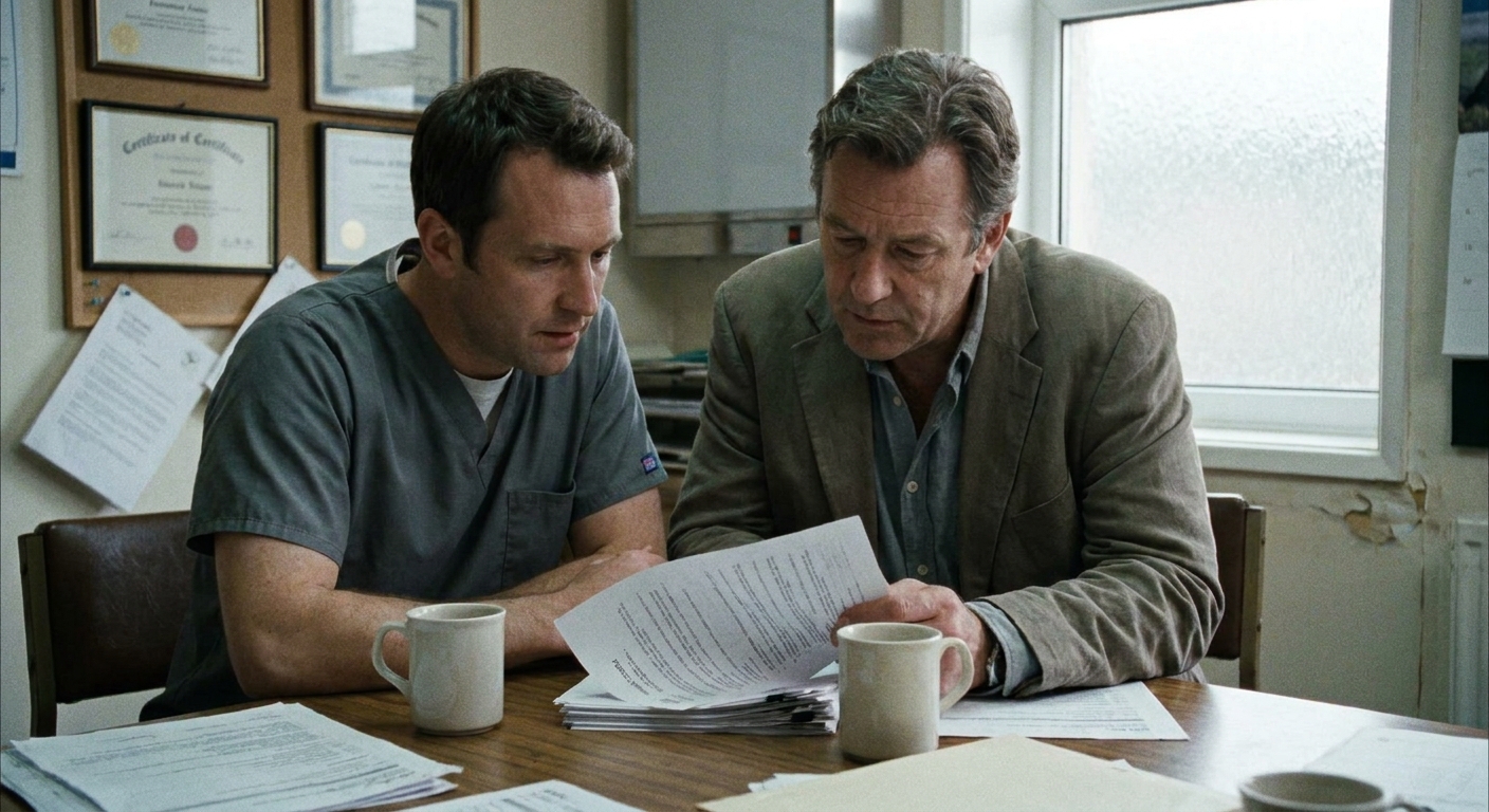 A veterinarian reviewing a written acquisition offer letter at a desk, looking down at the document, natural light from a window, unposed and candid