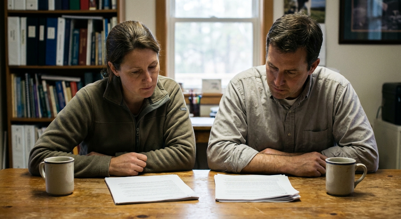 A veterinarian and a sell-side advisor sitting together and reviewing printed acquisition term sheets at a table, both looking down at the documents in natural ambient light, candid documentary scene