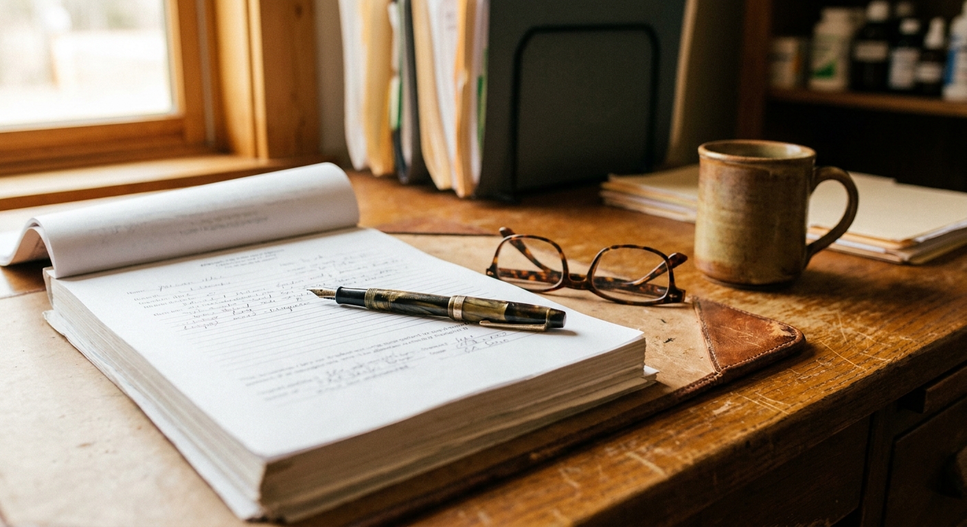 A veterinarian in a white coat reviewing a multi-page written offer at a practice desk, looking down at the documents, natural light from a side window, real-practice clutter visible in the background — stethoscope, chart folders, a mug