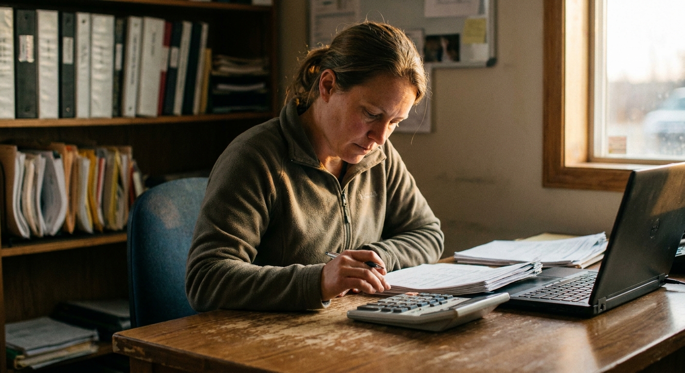 A veterinarian and a sell-side advisor sitting at a table reviewing a printed term sheet, both looking down at the document, warm ambient light, the advisor pointing to a section of the document, candid off-center composition