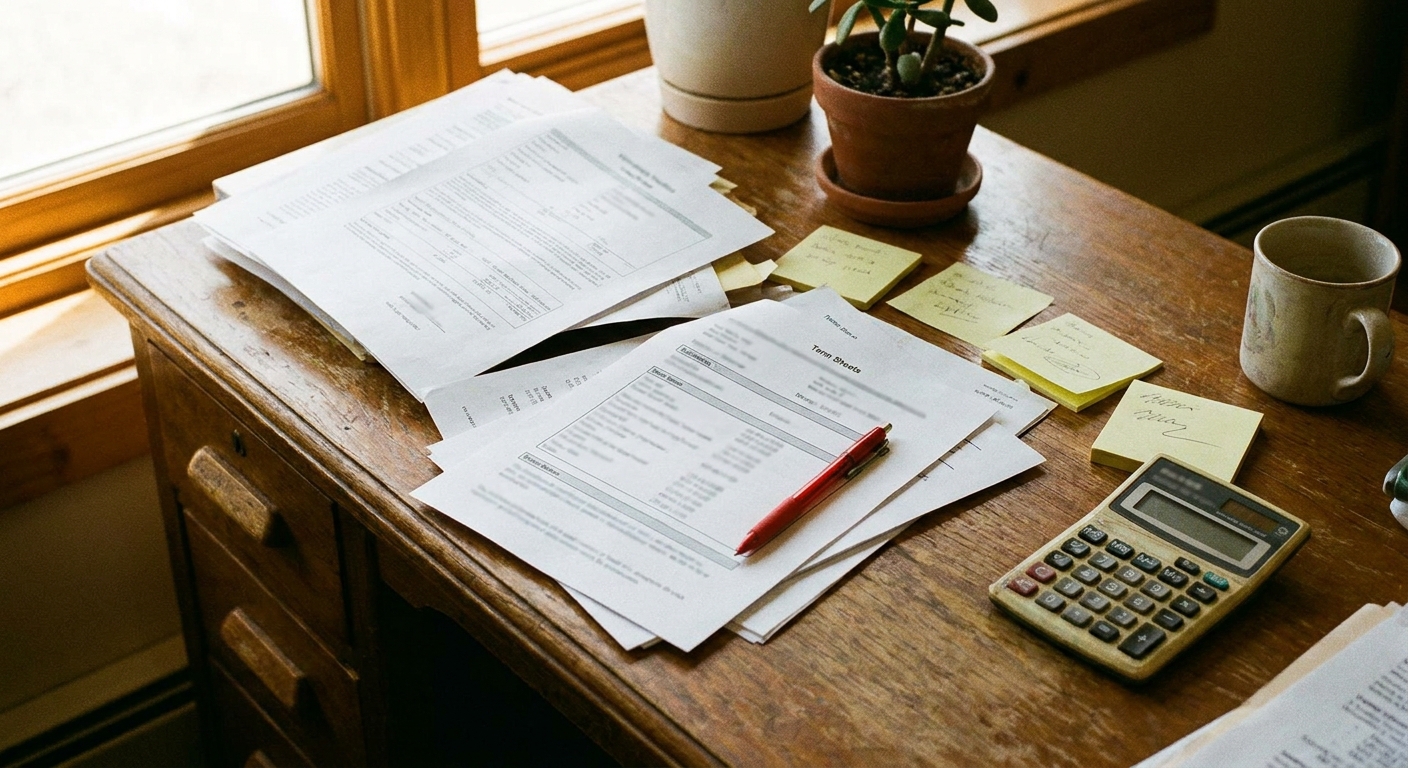 Close-up of scattered offer documents, a term sheet, and a calculator on a clinic desk, captured candidly in warm natural light