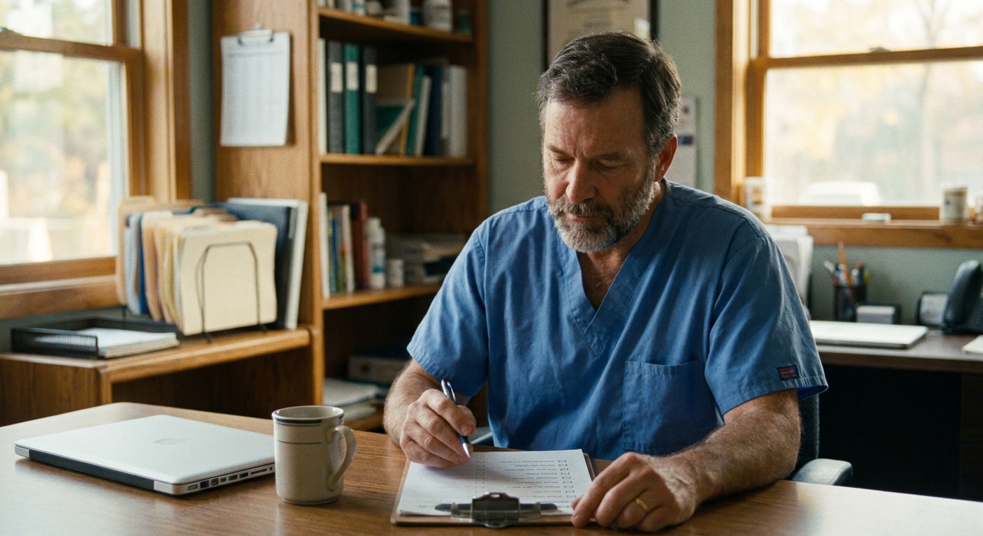 A veterinarian and a younger associate veterinarian reviewing a patient chart together in a bright exam room, both engaged, conveying a practice that runs beyond a single owner, natural daylight