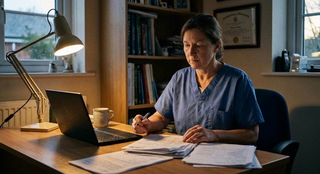 Veterinarian reviewing a stack of deal paperwork at her desk in the evening