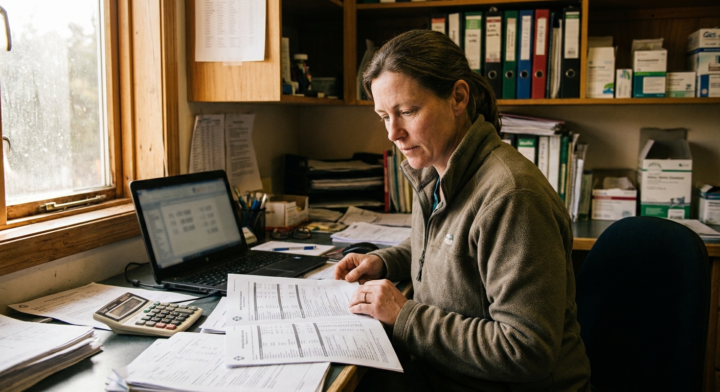 A veterinarian in a white coat reviewing a written acquisition offer at a practice desk, looking down at the document with a focused, neutral expression โ natural ambient light, candid documentary photograph, paperwork and a stethoscope visible on the desk