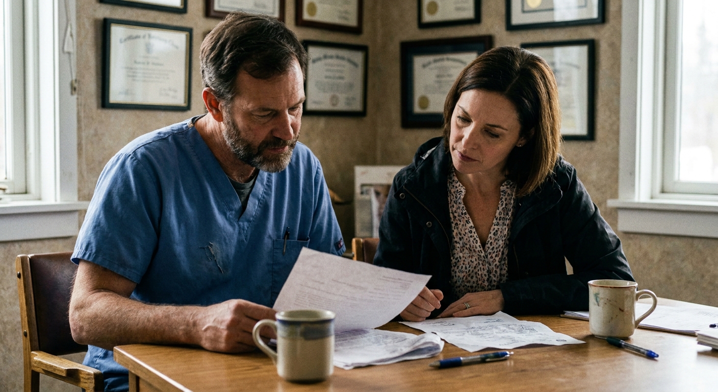 A veterinarian and a sell-side advisor sitting at a desk reviewing printed acquisition terms together, both looking down at the document โ candid, warm ambient light, neutral expressions, real-practice setting with files visible nearby