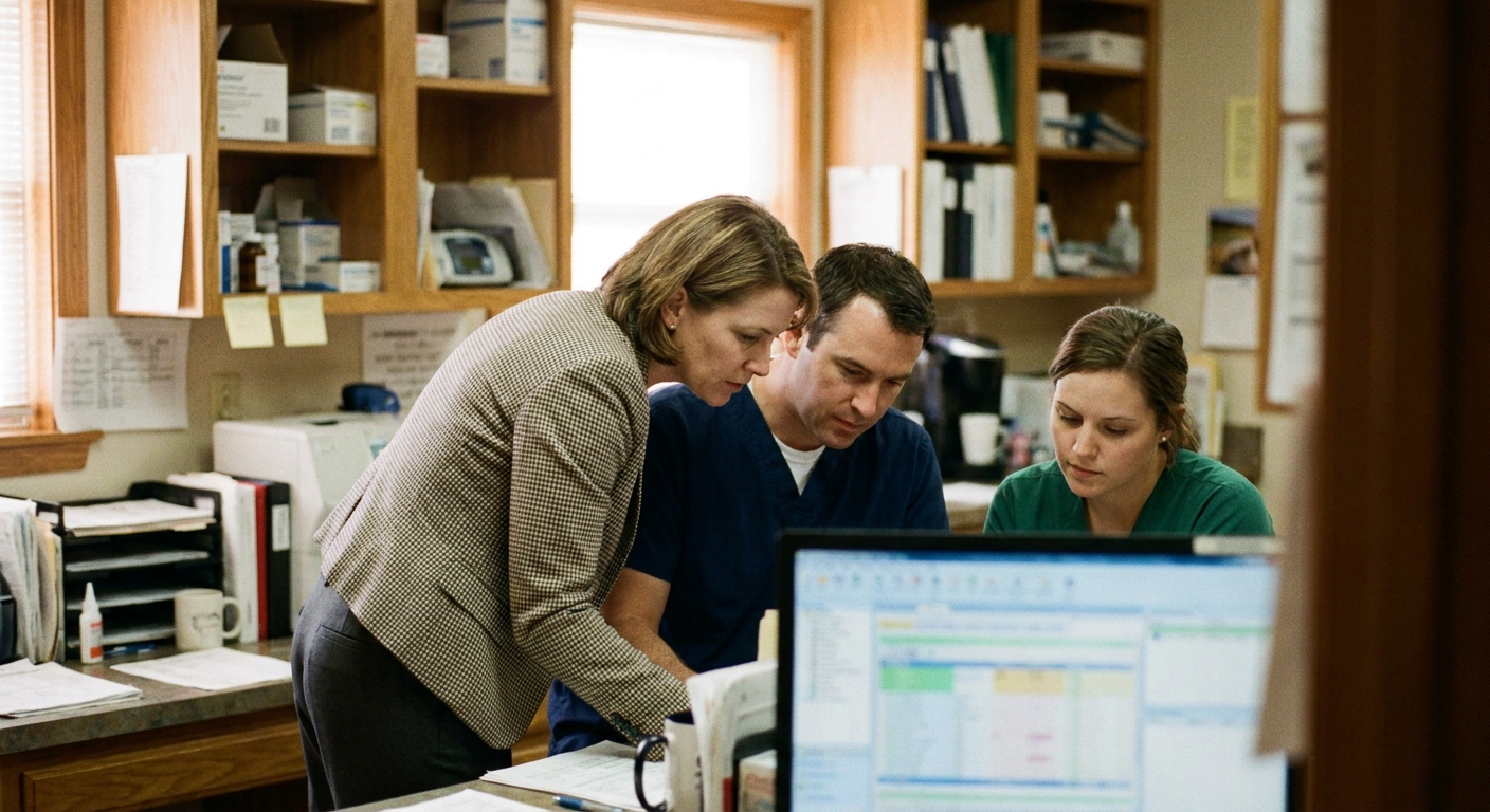 Group owner and sell-side advisor reviewing consolidated financial statements across multiple clinic locations at a table, looking down at the printouts