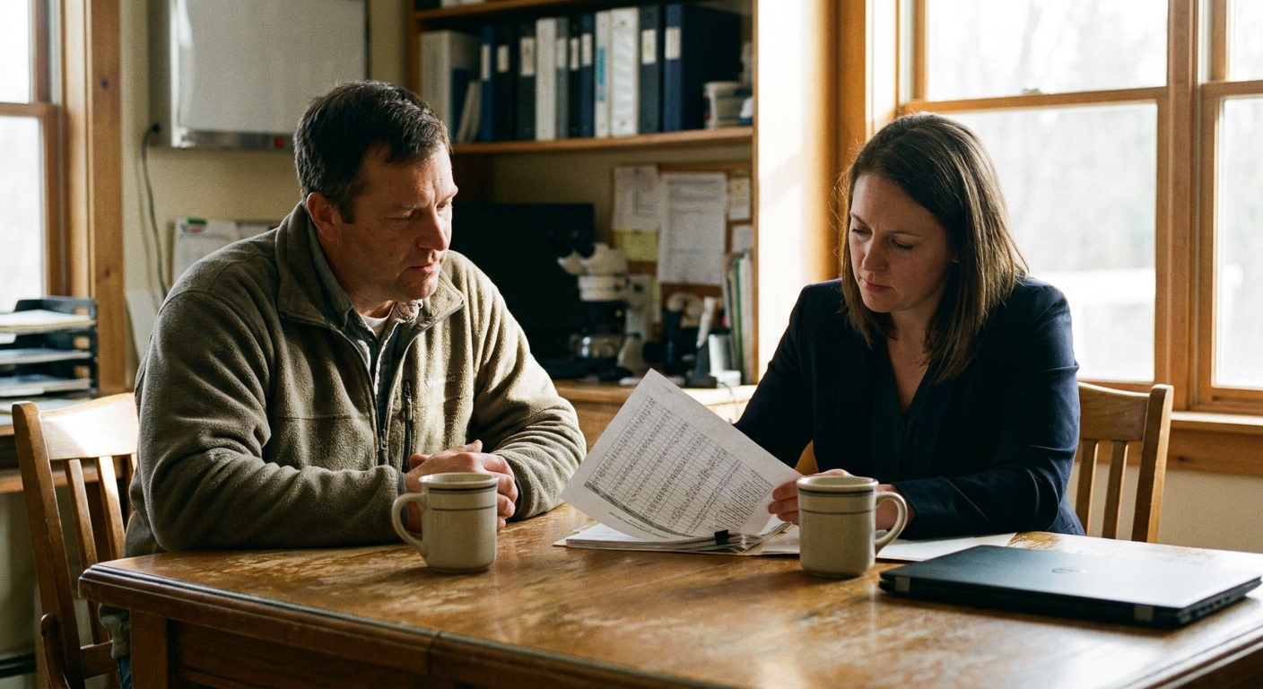Several prospective buyers seated around a conference table reviewing a multi-site veterinary group's offering materials, looking down at the documents