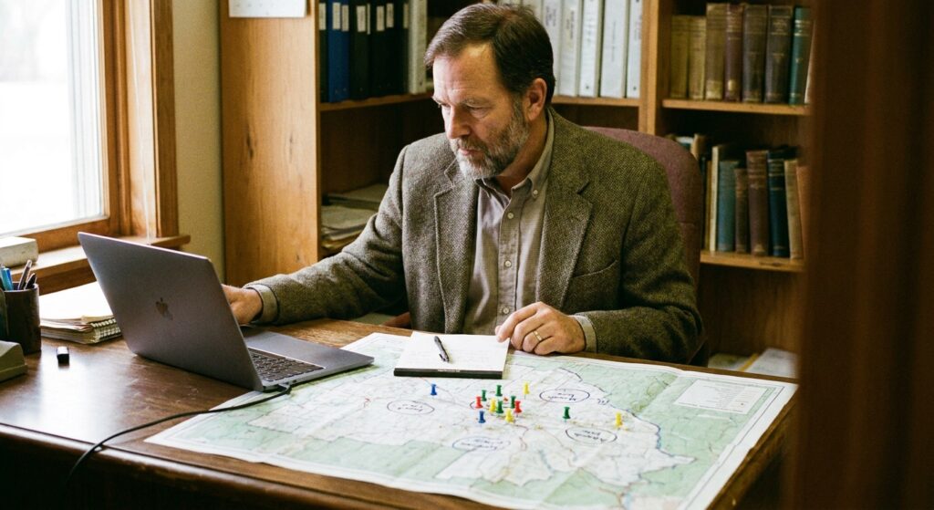 Practice owner reviewing a laptop and a map of several clinic locations