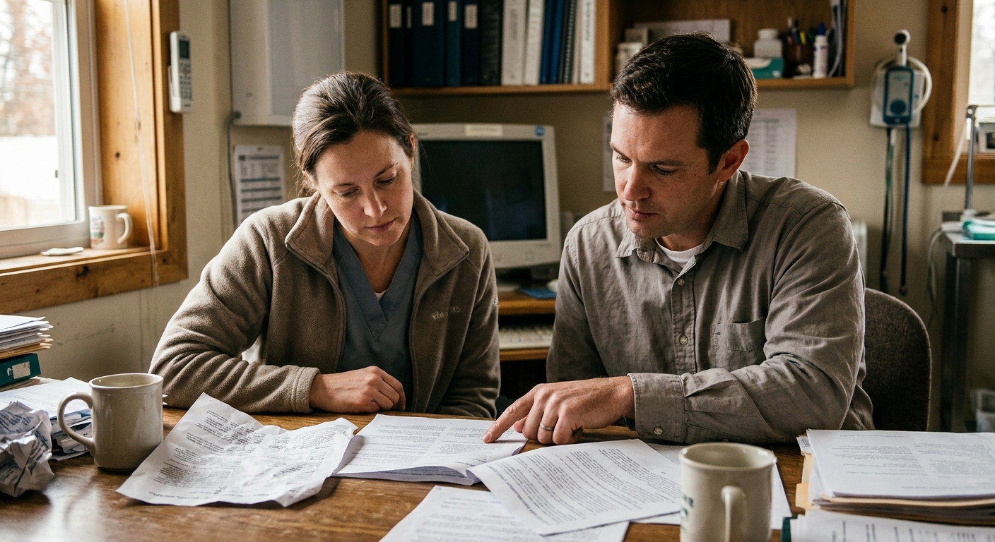 Veterinarian and a sell-side advisor seated together reviewing printed offer documents before a negotiation, both looking down at the pages in natural light, calm and focused