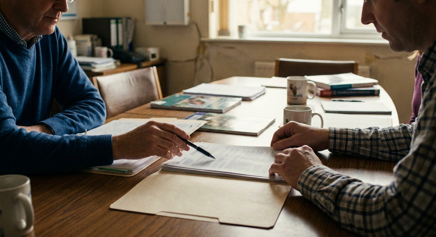 Two parties reviewing deal terms across a conference table, documents and a laptop between them, attention on the paperwork rather than the camera, natural ambient light