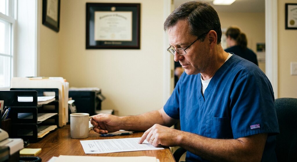 Veterinarian reading a non-compete contract clause closely at his desk