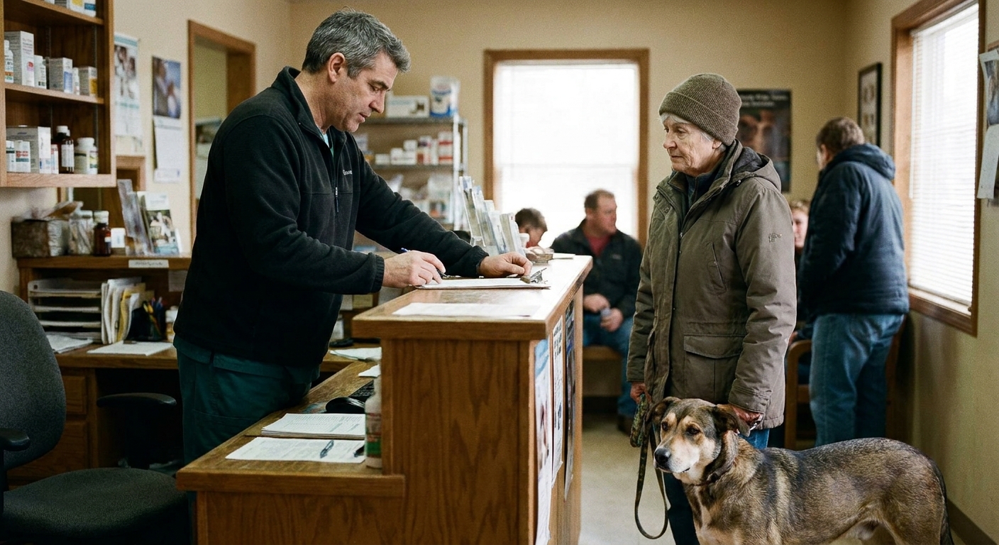Veterinarian reviewing a written offer at a desk, looking down at papers, natural warm light, unposed documentary style