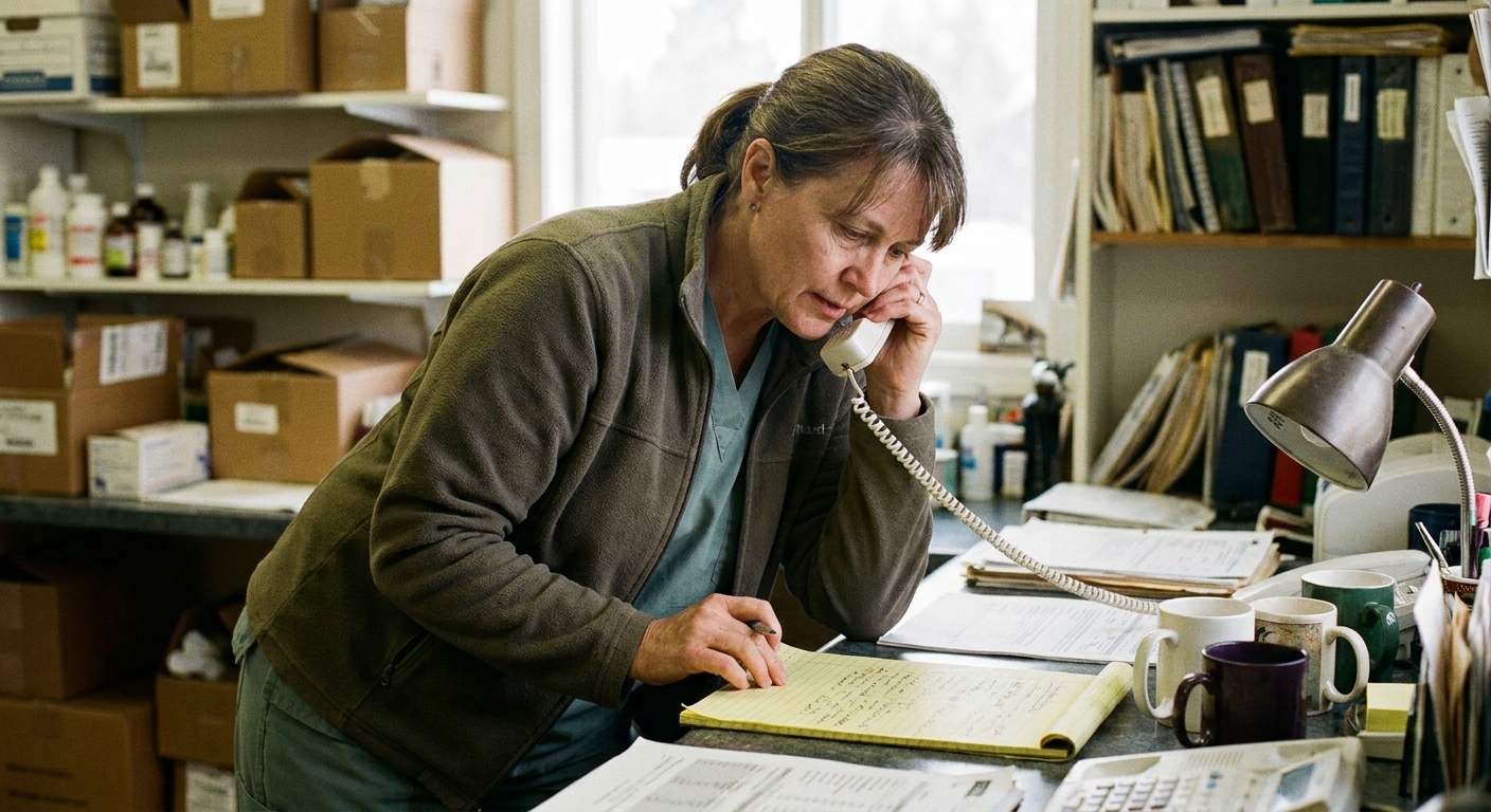 Veterinarian and a sell-side advisor reviewing documents together at a table, looking down at papers, natural light, candid unposed moment