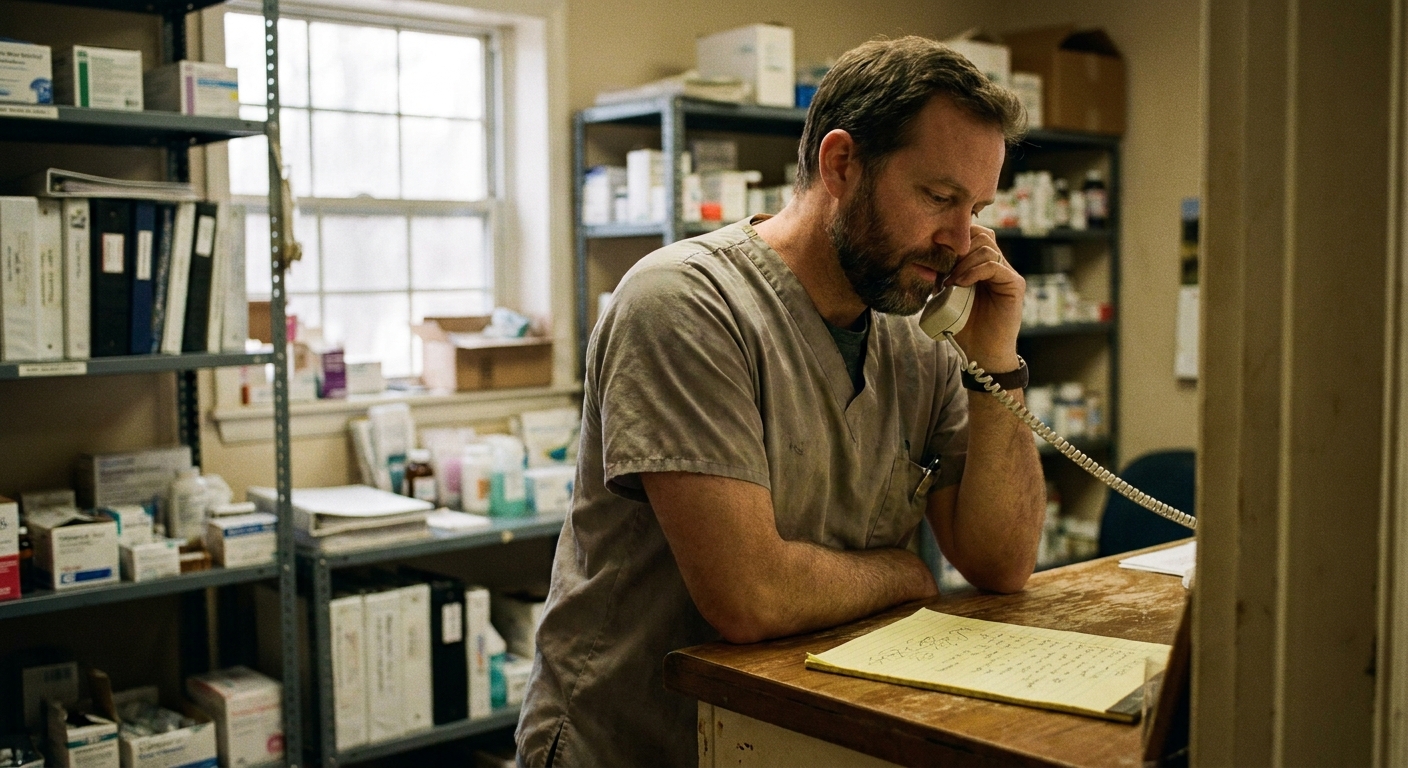 Veterinarian reviewing a written offer document at a desk, looking down at the pages, focused and calm, natural light, candid documentary style