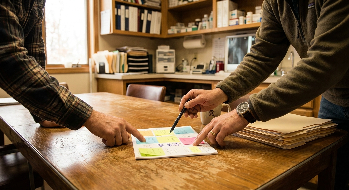 A veterinarian and a sell-side advisor reviewing terms at a table together, both looking down at printed documents, focused, warm natural light, candid documentary style
