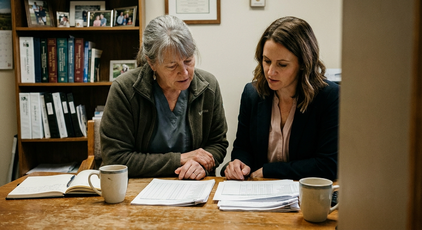 A veterinarian reviewing a detailed written offer document at a desk with practice financial records spread out around them, looking down with a calm, focused expression — candid documentary style, natural ambient light