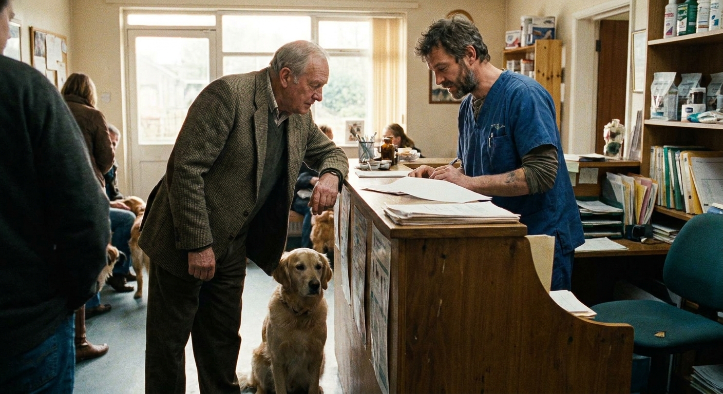 A veterinarian and sell-side advisor reviewing a written term sheet together at a conference table, both looking down at the document with focused expressions — candid documentary style, natural light from a window