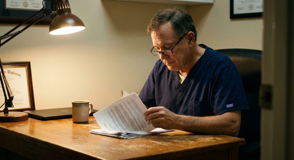 Veterinarian reviewing an acquisition offer for their practice