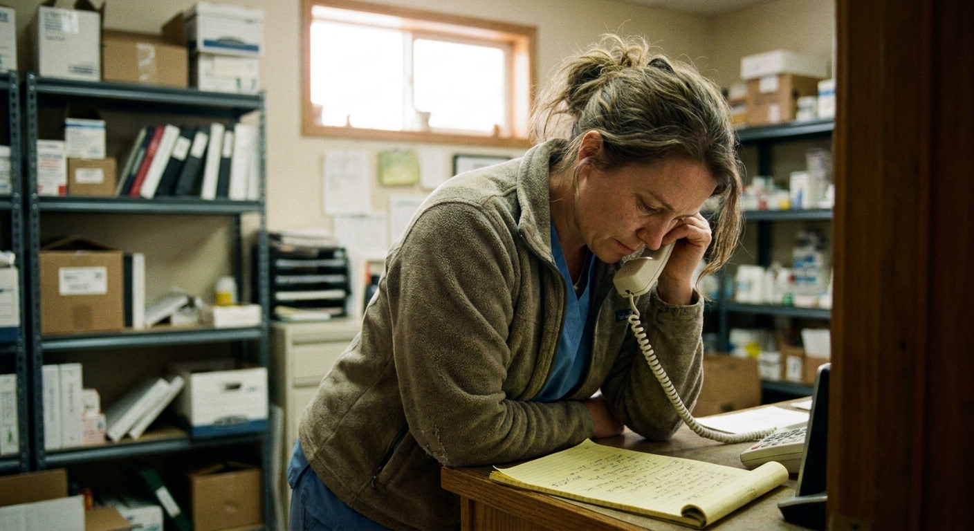 Veterinarian and an advisor reviewing a printed allocation breakdown at a conference table, both looking down at the spreadsheet in natural office light