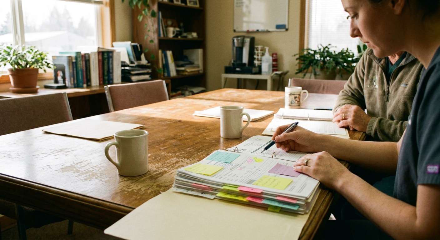 Veterinarian reviewing a printed closing document at a practice desk, looking down at paperwork with a calm and focused expression, natural window light