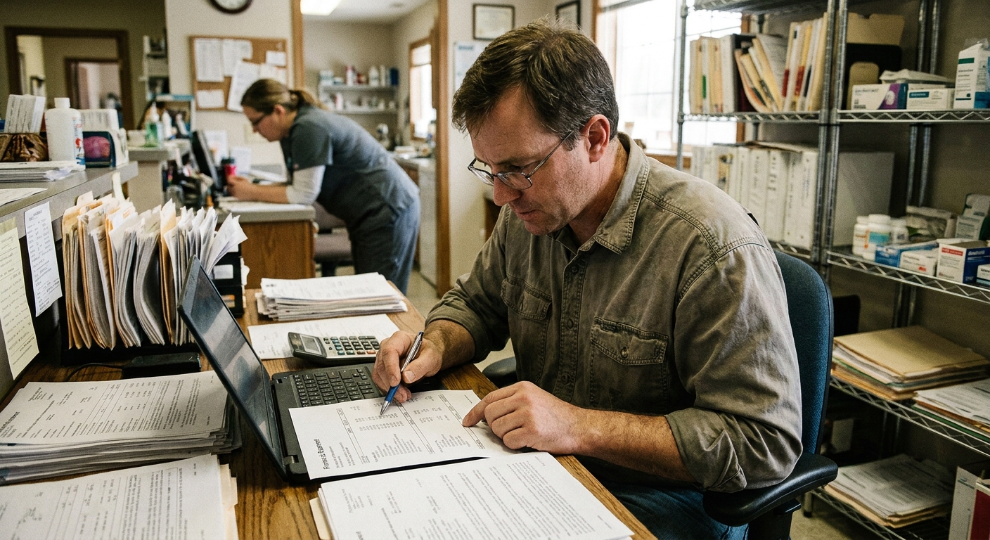 A buyer-side accountant examining a veterinary practice's financial records beside a laptop spreadsheet, looking down at the documents in natural light