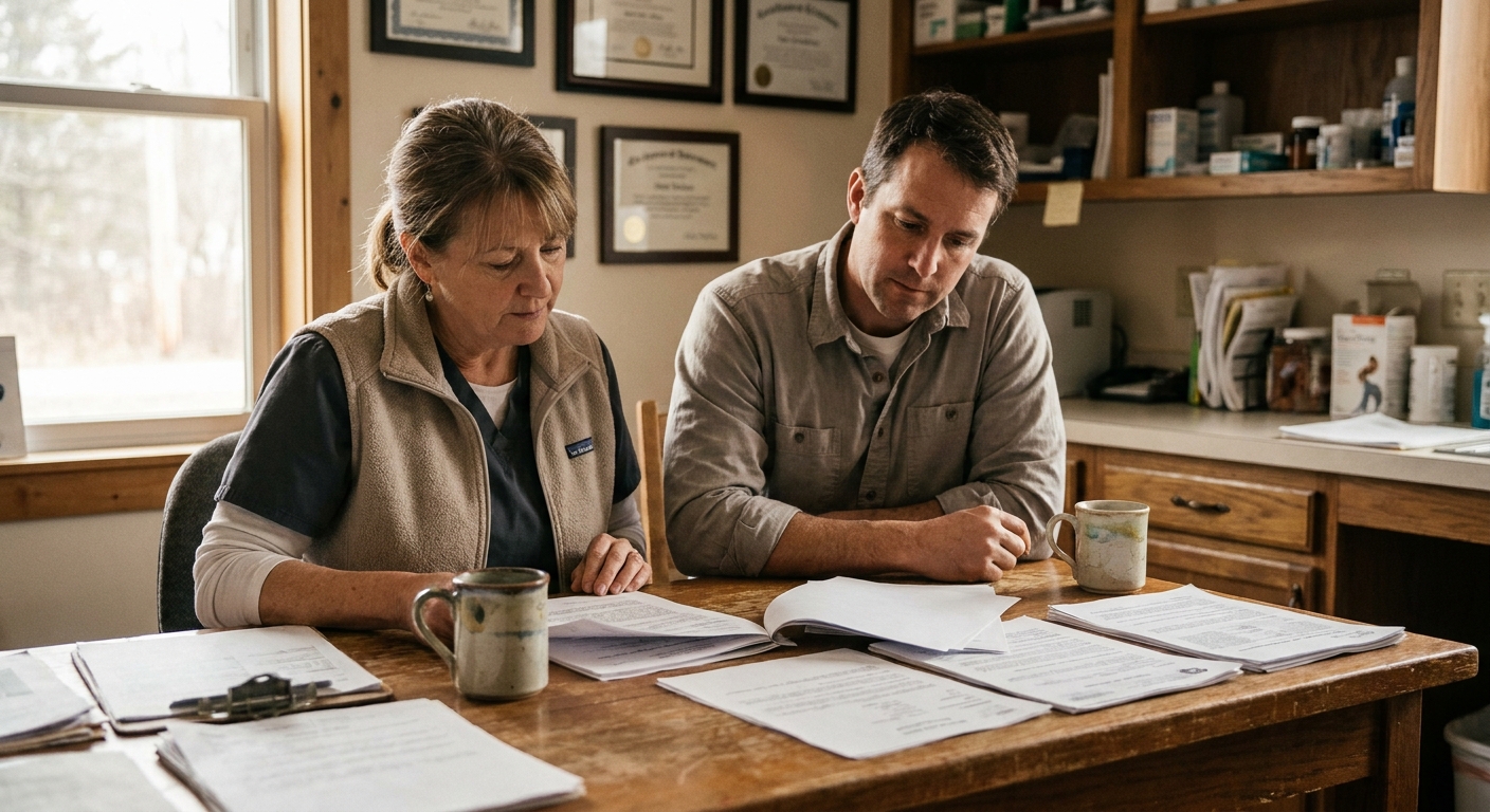 A veterinarian and a sell-side advisor reviewing a pre-sale financial summary together at a table, both looking down at the printed pages in warm natural light