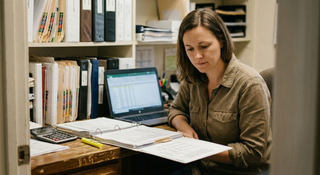 Buyer-side financial analyst examining a veterinary practice's records during a quality-of-earnings review