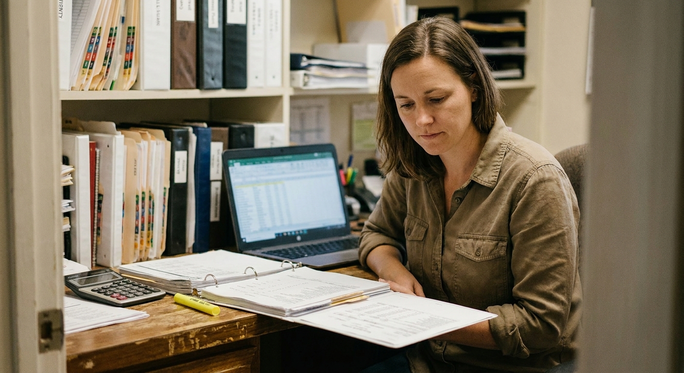 Buyer-side financial analyst examining a veterinary practice's records during a quality-of-earnings review