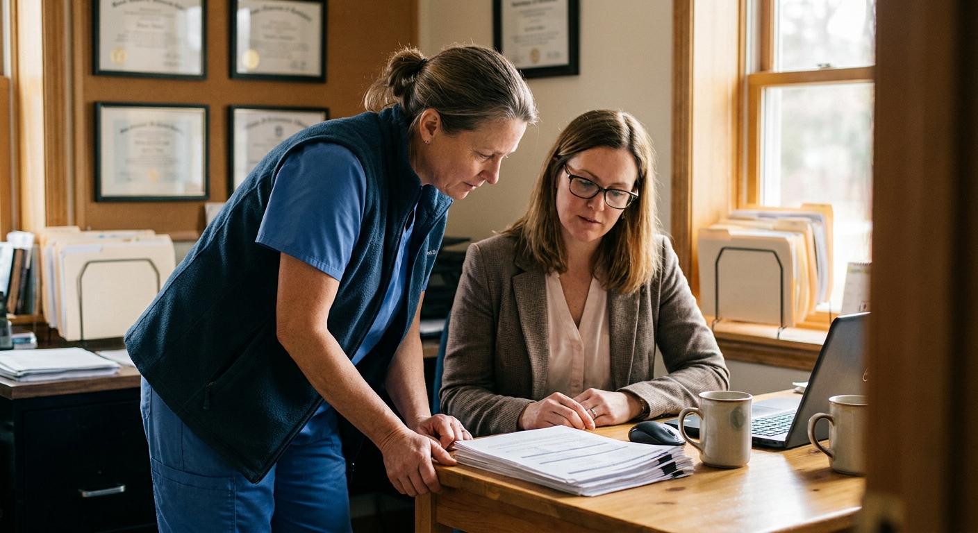 A veterinarian in her forties sitting at a cluttered practice desk, reading down at a stapled written acquisition offer, reading glasses in hand, a stethoscope and a coffee mug nearby, warm natural light from a side window