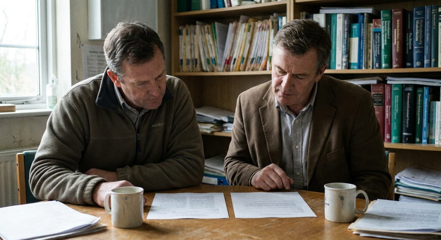 A veterinarian in his fifties seated beside a sell-side advisor at a kitchen table, the two of them reviewing the pages of an offer together, pen in hand, papers spread out, warm evening light