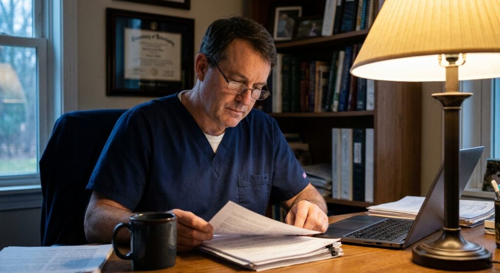 Veterinarian reviewing an acquisition offer for their practice