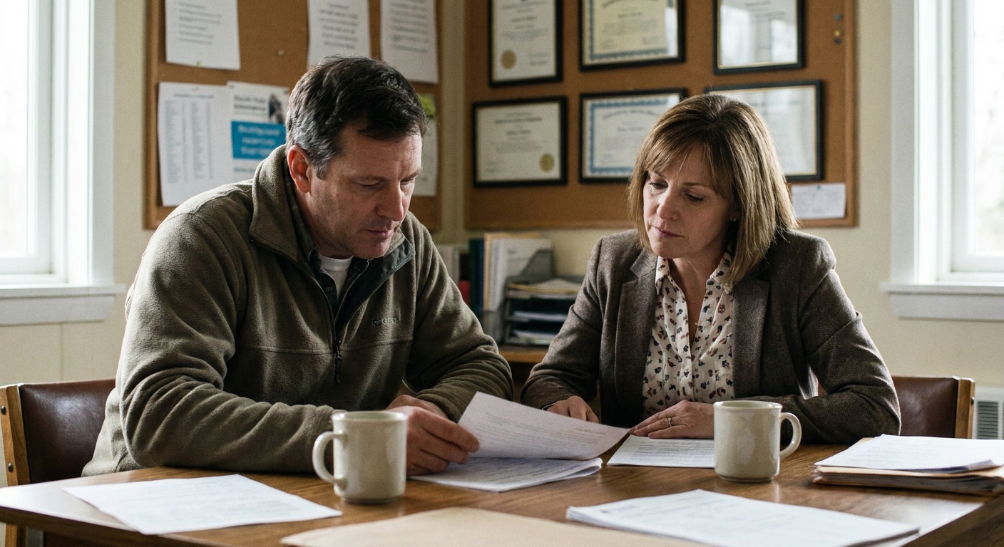 A veterinarian in scrubs reviews a written acquisition offer at a desk in a quiet exam room, expression focused and neutral, candid documentary style, natural light