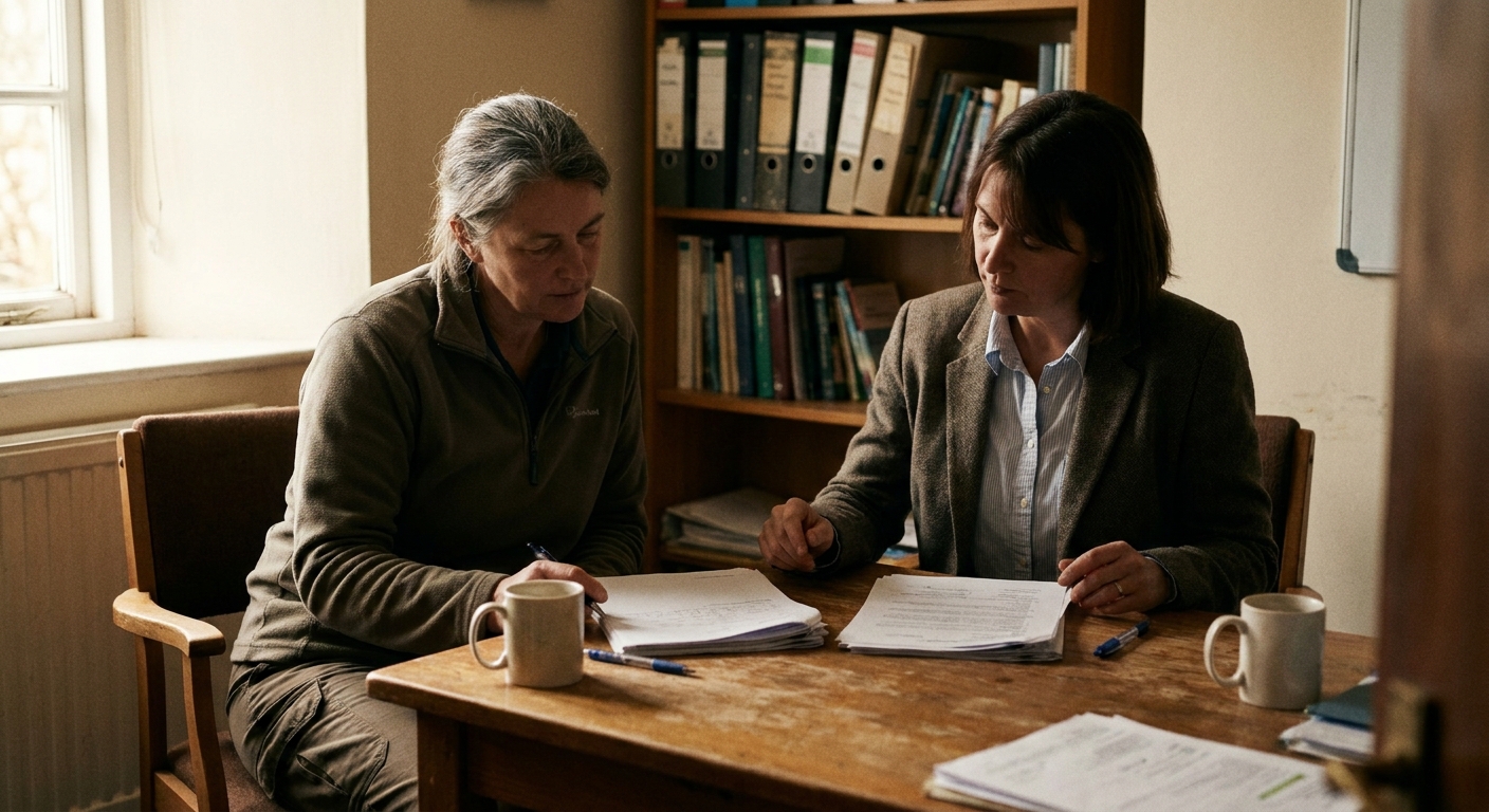 A veterinarian and a sell-side advisor reviewing printed sale terms together at a table, candid documentary style, natural ambient light, focused expressions, no brand signage visible