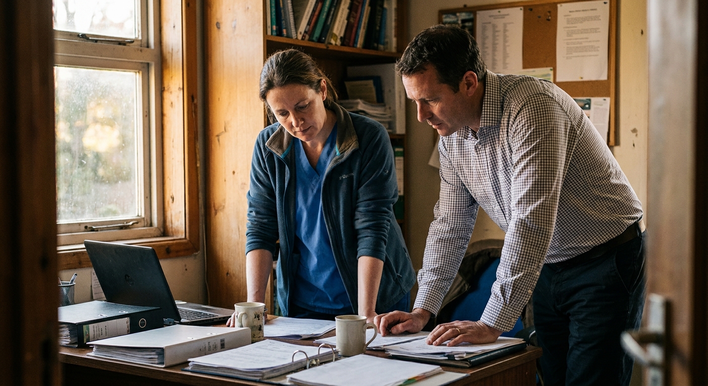 Veterinarian reviewing financial documents at a practice desk, looking down at papers, candid and unposed