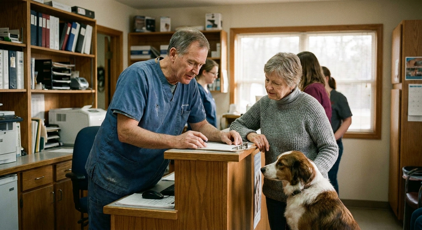 Veterinarian consulting with a financial advisor at a practice conference table, both looking at documents, relaxed and professional