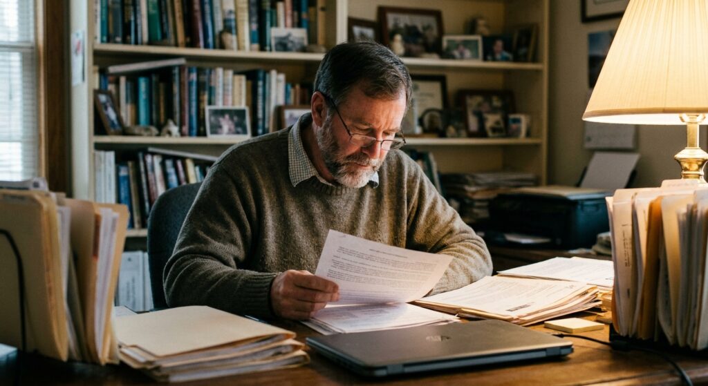 Veterinarian reviewing veterinary practice sale documents