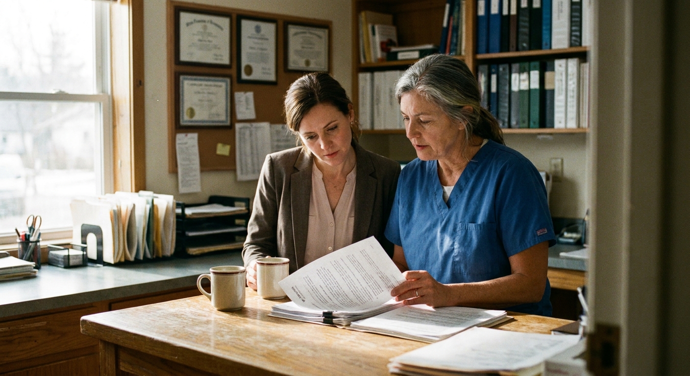 A veterinarian reviewing a written offer document at a practice desk, looking down at papers with a focused expression, natural ambient light, candid documentary style