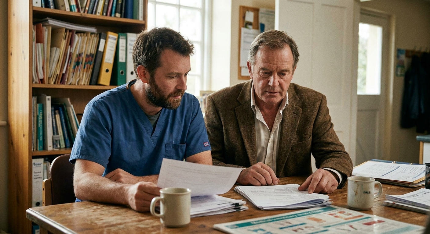 A veterinarian and a sell-side advisor reviewing offer terms together at a practice table, looking down at documents, warm ambient light, candid documentary style, slight off-center composition