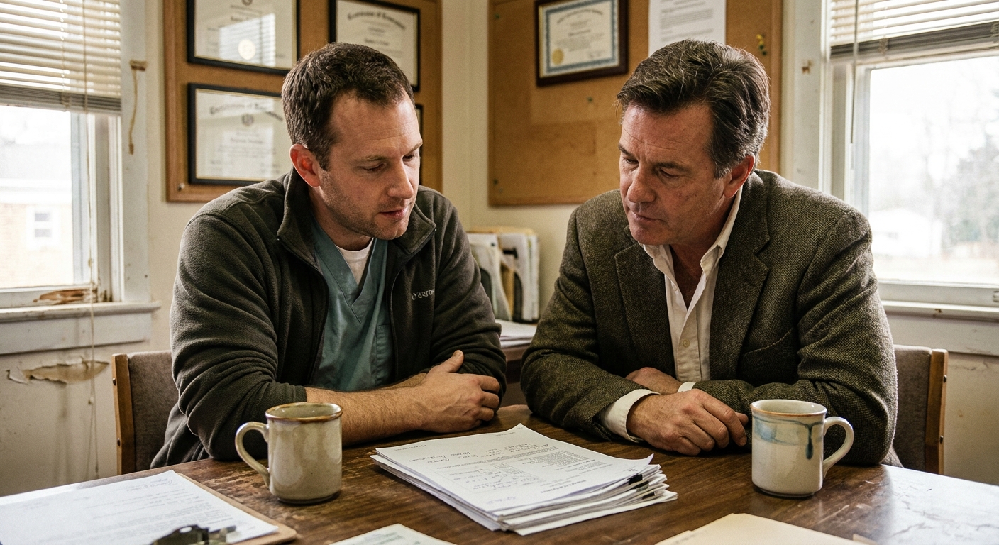 Two veterinary practice owners reviewing deal documents together at a table in a quiet office, looking down at the papers in natural light, relaxed and focused