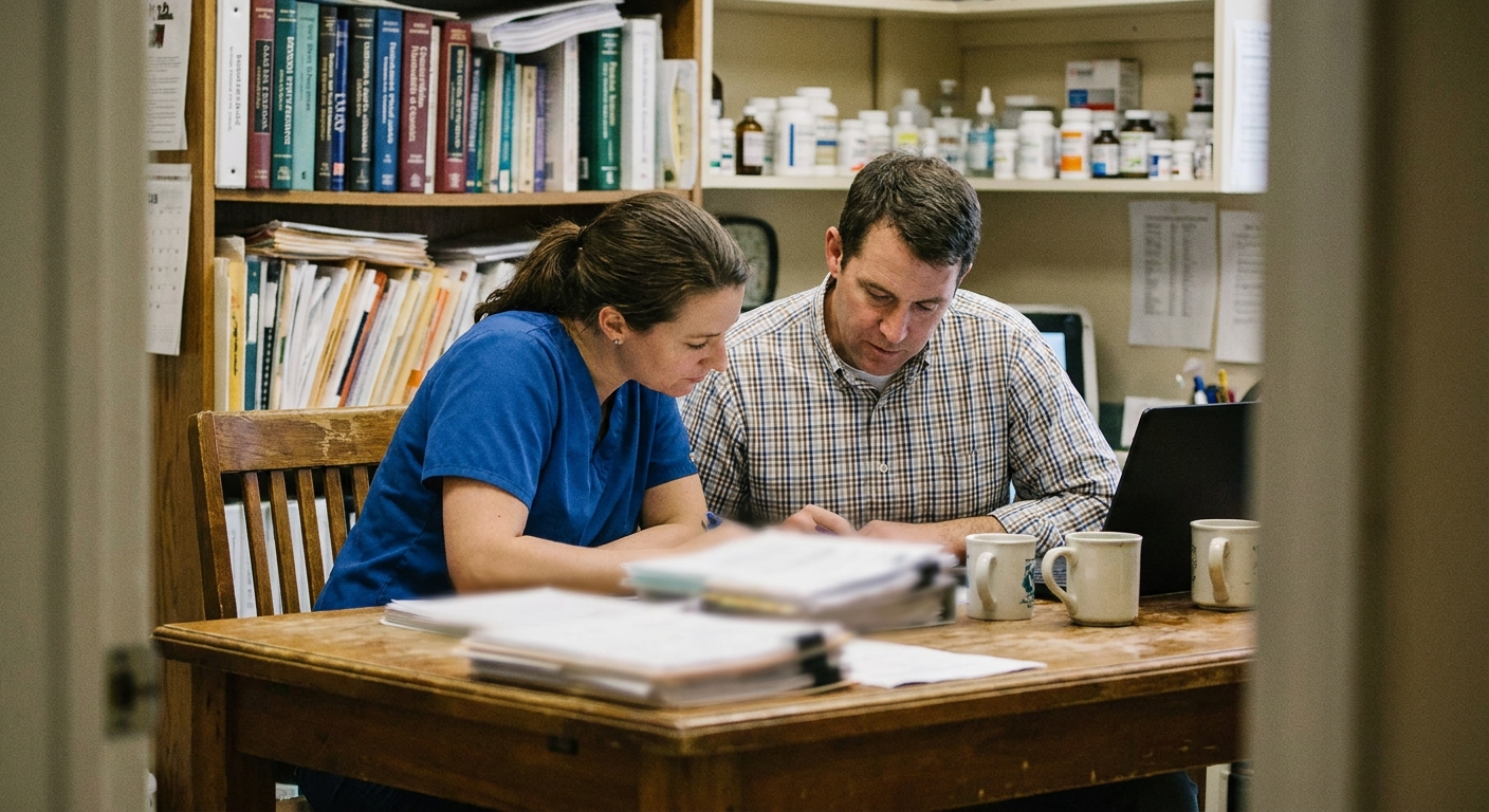 Veterinarian sitting across from a financial advisor at a practice conference table, looking down at a printed term sheet, calm and attentive, candid natural light